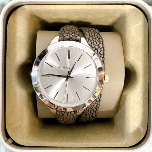 Michael Kors MK2475 Slim Runway Silver-Tone and Leather Wrap Watch